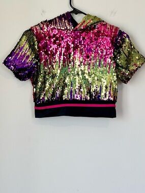 Weissman Kids Sequin Cropped Dance Hoodie Pink, Green & Purple - Size: IC (7/8)